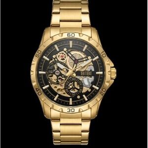 BIBI Men's Automatic Skeleton Watch Gold Black Dial 42mm